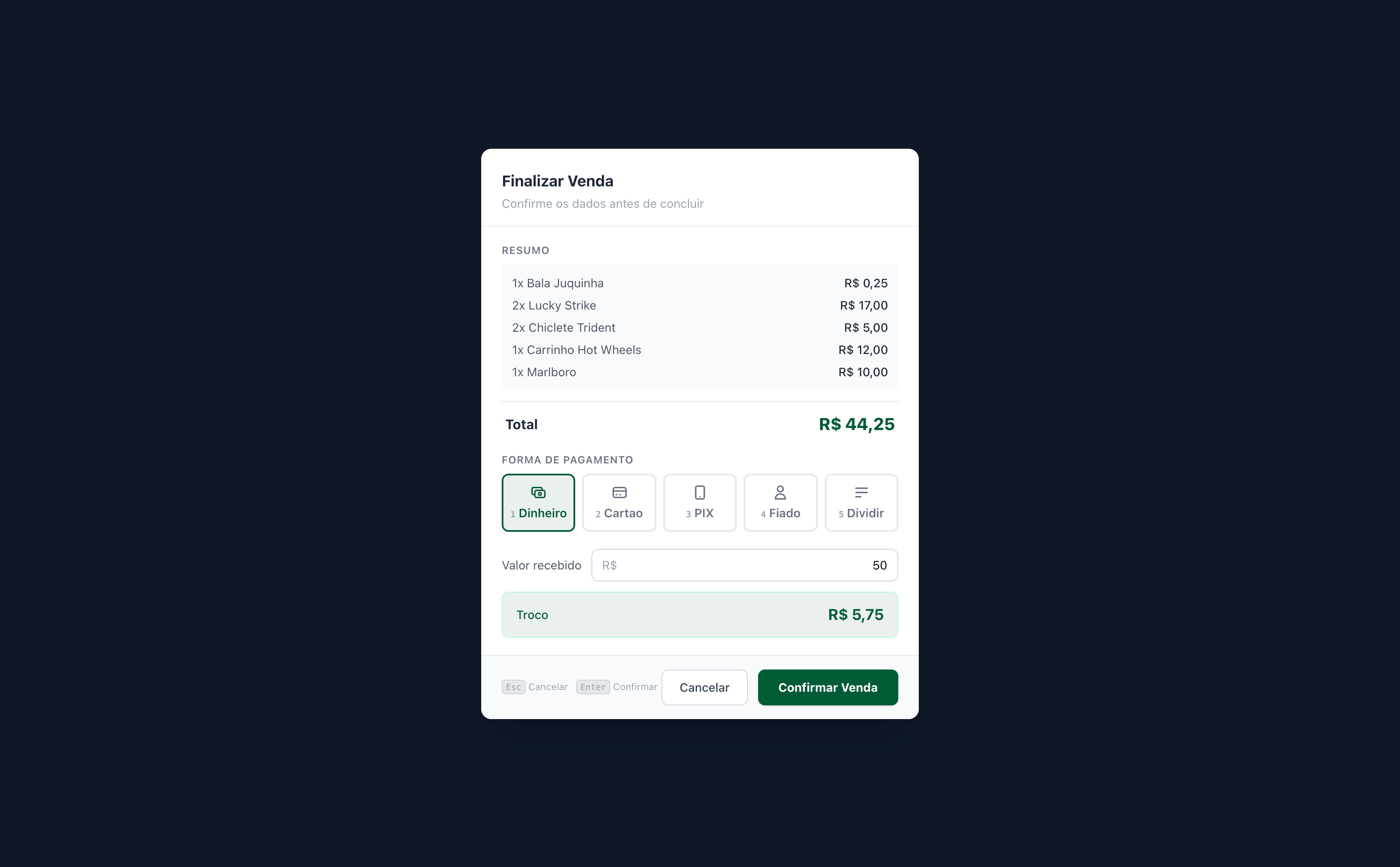 Checkout - Finalizar venda com troco